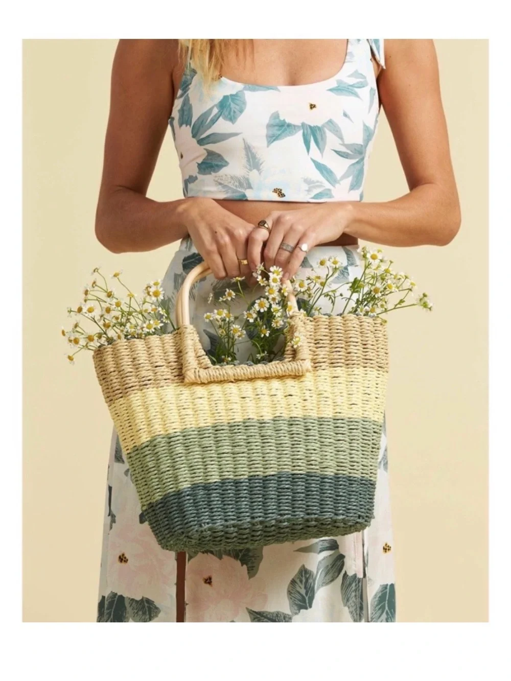 Billabong Green Ombre Woven Straw Tote with Wooden Handles